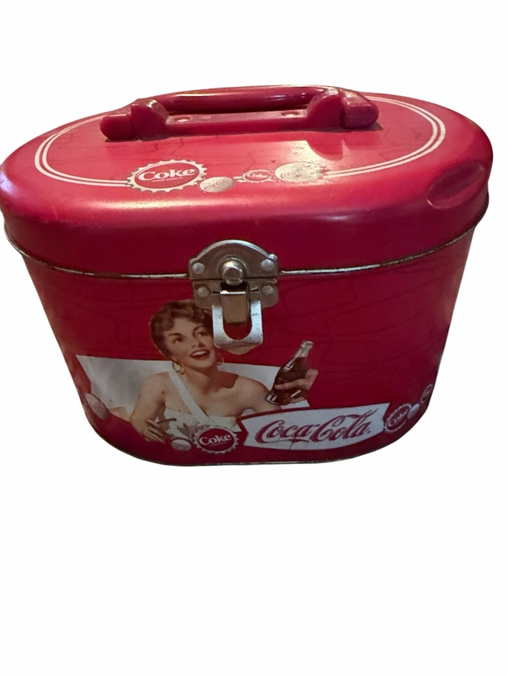Coco Cola vintage red  metal mini lunch box with handle